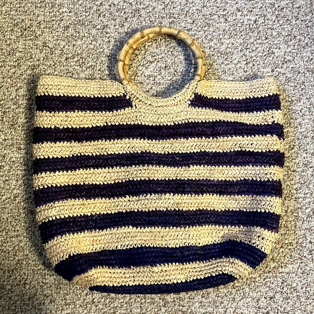 J. McLaughlin Straw Tote Bag Bamboo Handles Striped Beach Bag Lined Sea Grass - Picture 2 of 10